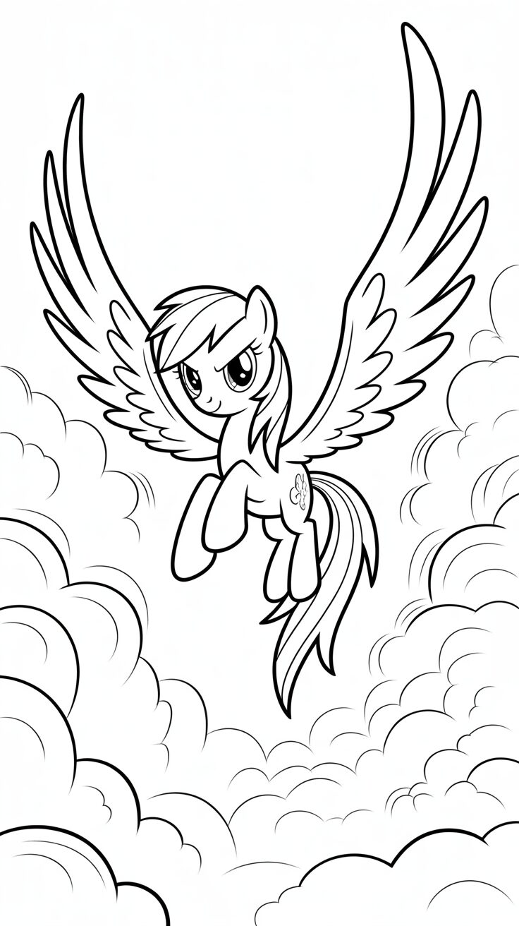 Rainbow Dash zwevend tussen wolken kleurplaat