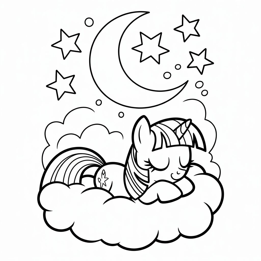 Slapende Eenhoorn onder de Maan – Kleurplaat