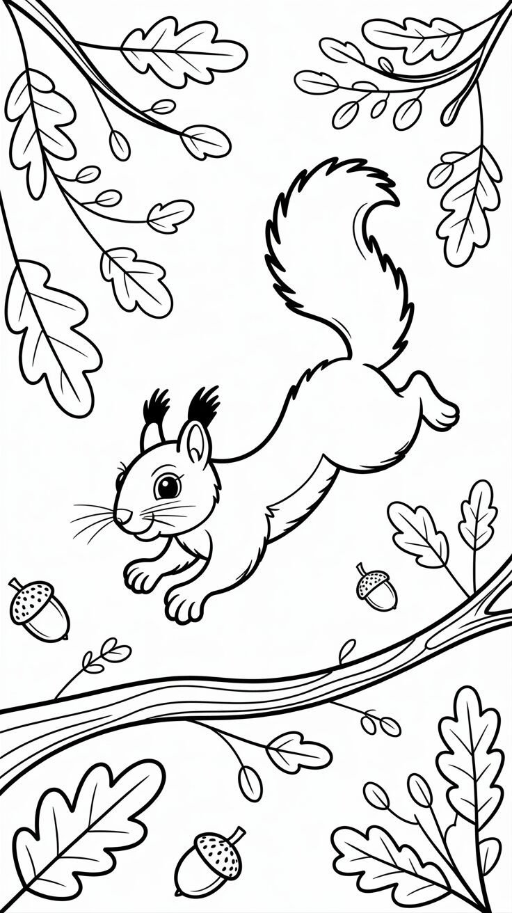 Springendes Eichhörnchen im Wald zum Ausmalen – free Download