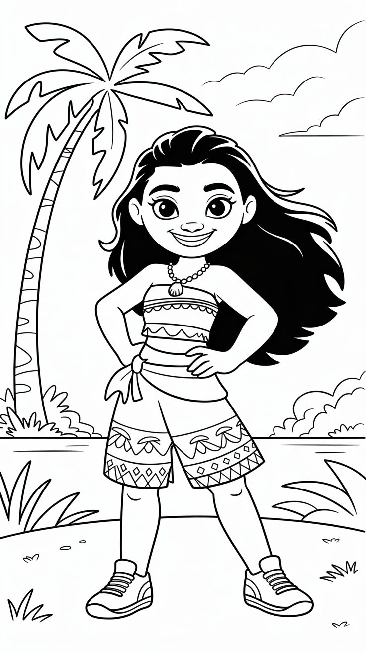 Vaiana in een sportieve outfit kleurplaat printen