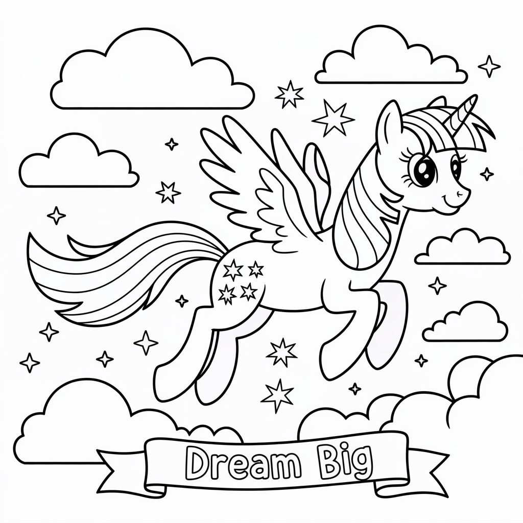 Vliegende Twilight met ‘Dream Big’ – Inspirerende Kleurplaat