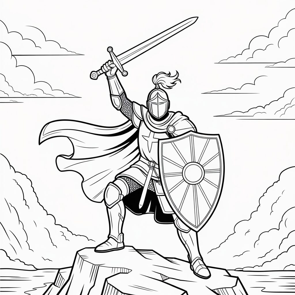 Heldhaftige ridder kleurplaat op de rots
