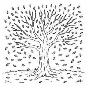 Herfstboom met vallende bladeren kleurplaat