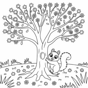 Kleurplaat Eekhoorn Knuffelt een Bloeiende Boom