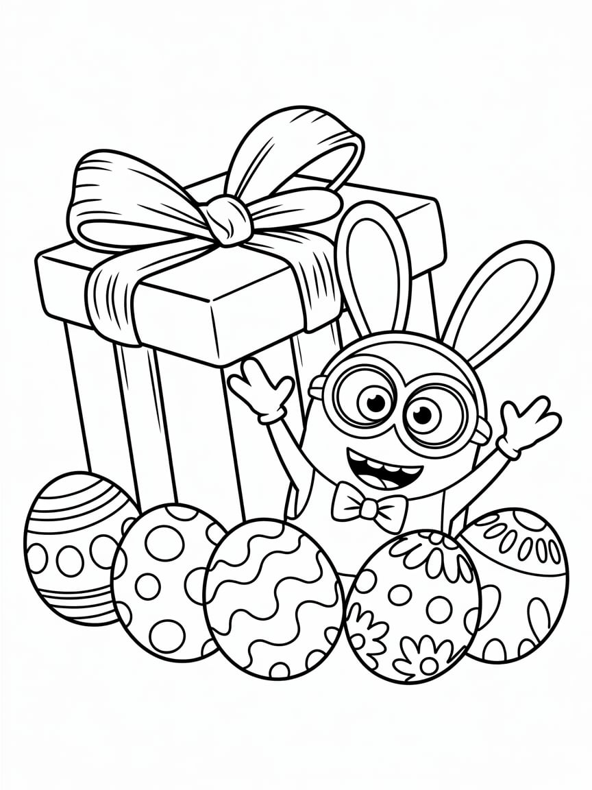 Kleurplaat Minion met Paaseieren en Cadeau