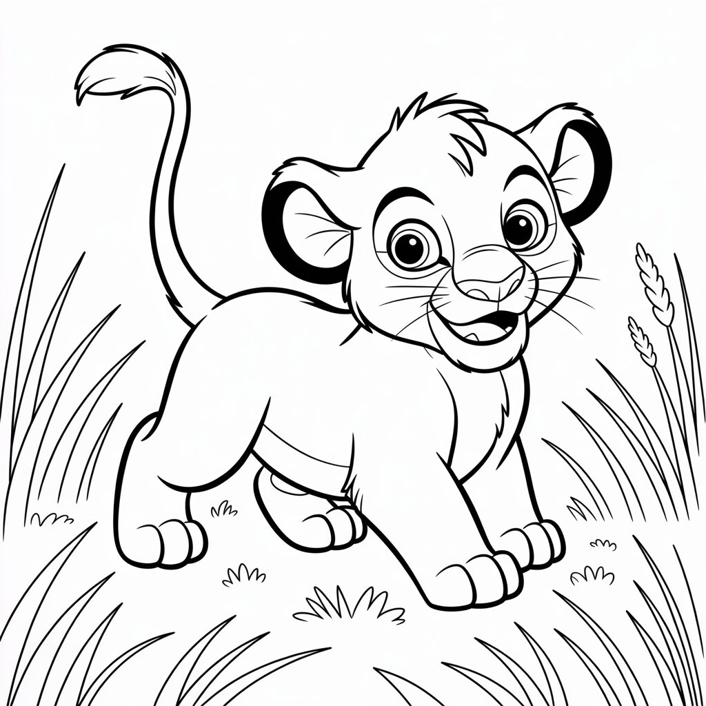 Kleurplaat Simba spelend in het gras