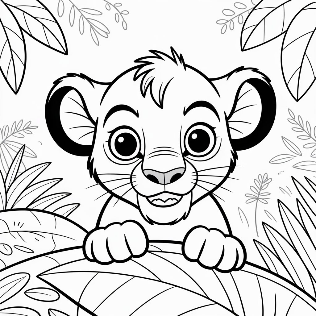 Kleurplaat nieuwsgierige Simba tussen bladeren