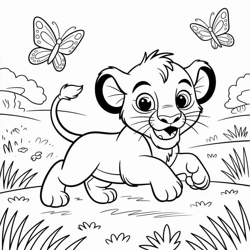 Kleurplaat speelse Simba met vlinders