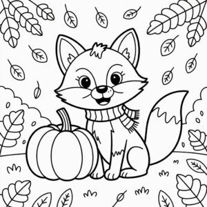 Ausmalbild Fuchs mit Kürbis im Herbst