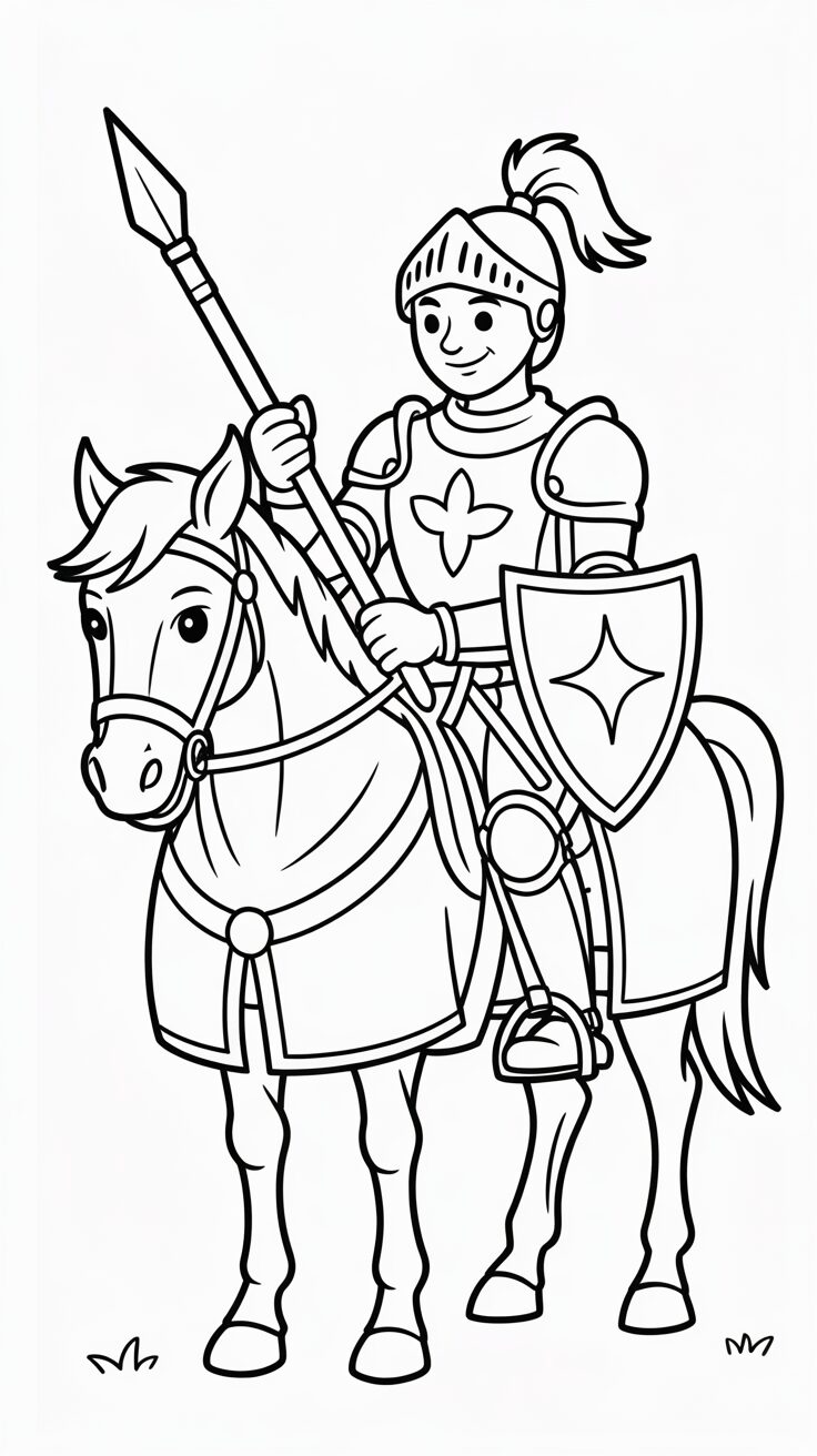 Lachende ridder met speer en schild op paard