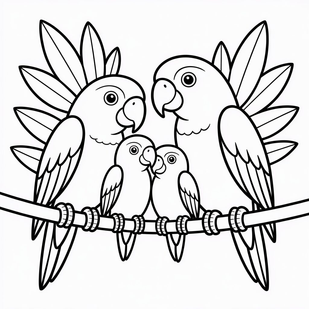 Papageien auf Palme – gratis Malvorlage zum Drucken