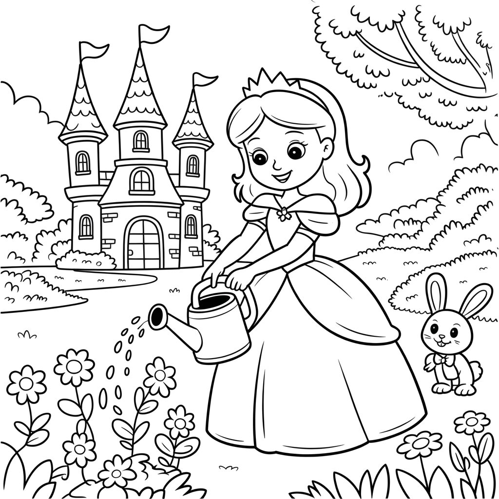 Coloring Page Princess in the Garden by the Castle