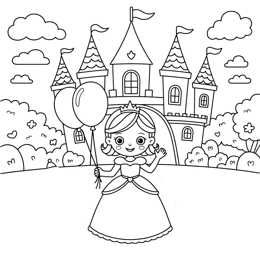 Coloring Page Princess with Balloons in Front of a Cast