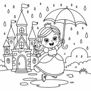 coloring Page Princess with Umbrella in Front of a Castle