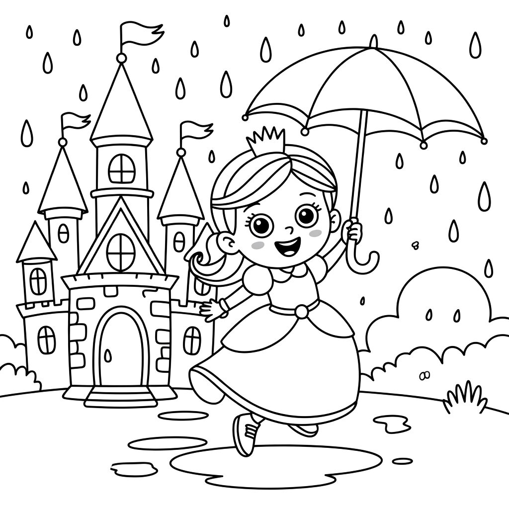 coloring Page Princess with Umbrella in Front of a Castle