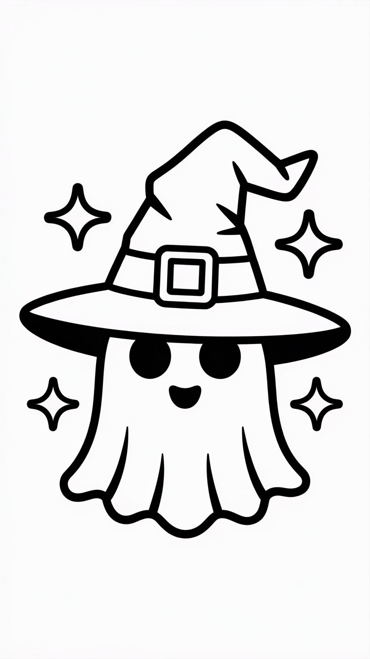 Printbare kleurplaat spookje met een heksenhoed