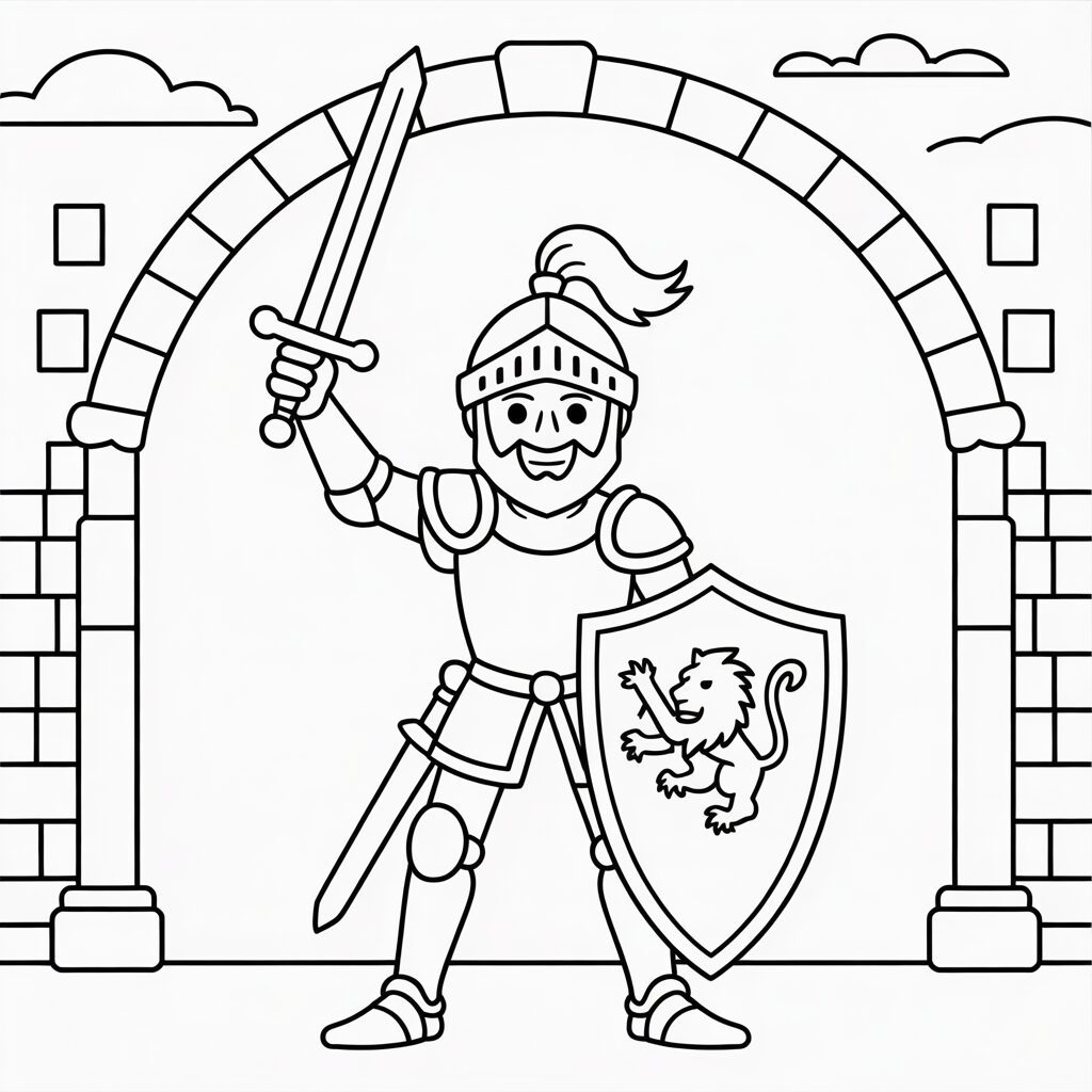 Ridder kleurplaat onder de kasteelpoort