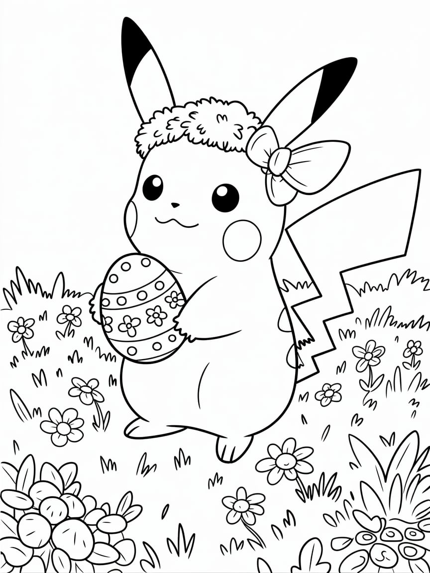 Schattige Pikachu met Paasei Kleurplaat