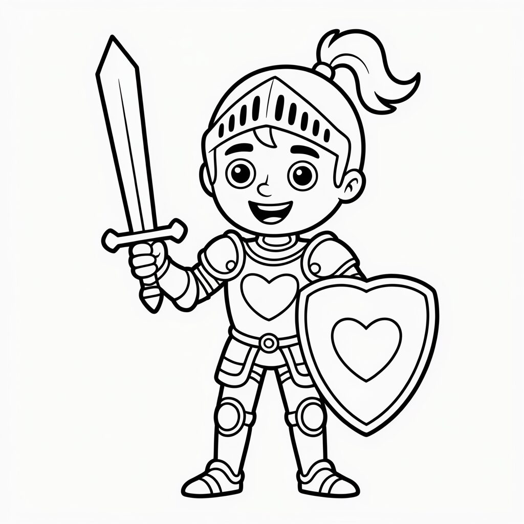 Schattige ridder kleurplaat met hartvormig schild