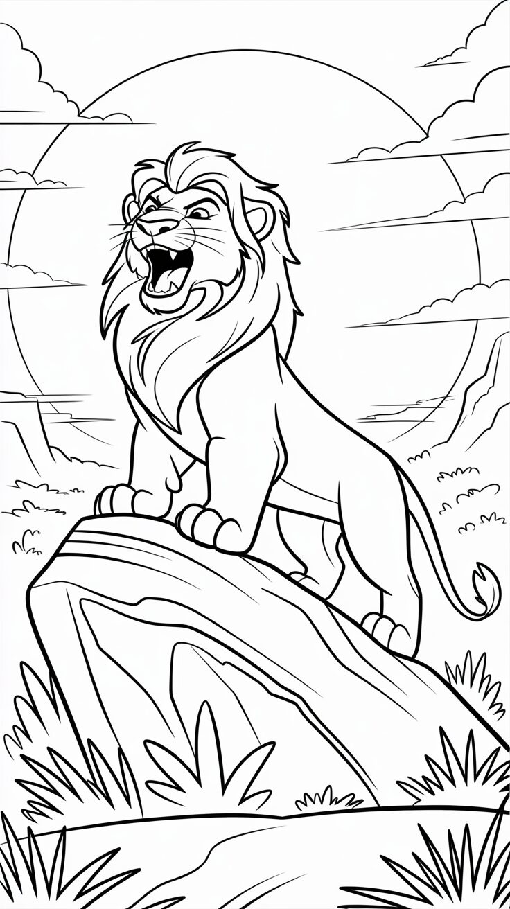 Simba brult vanaf de rots bij zonsopgang