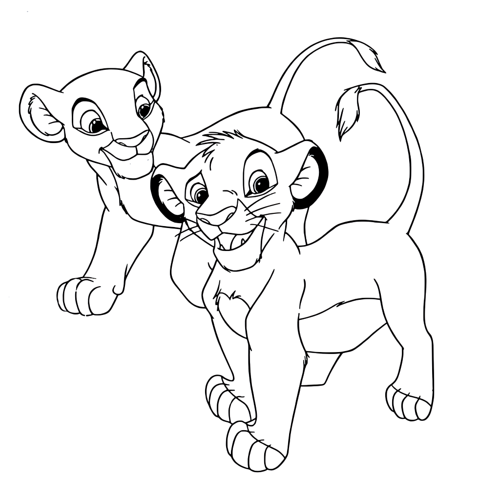 Speelse Simba en Nala kleurplaat