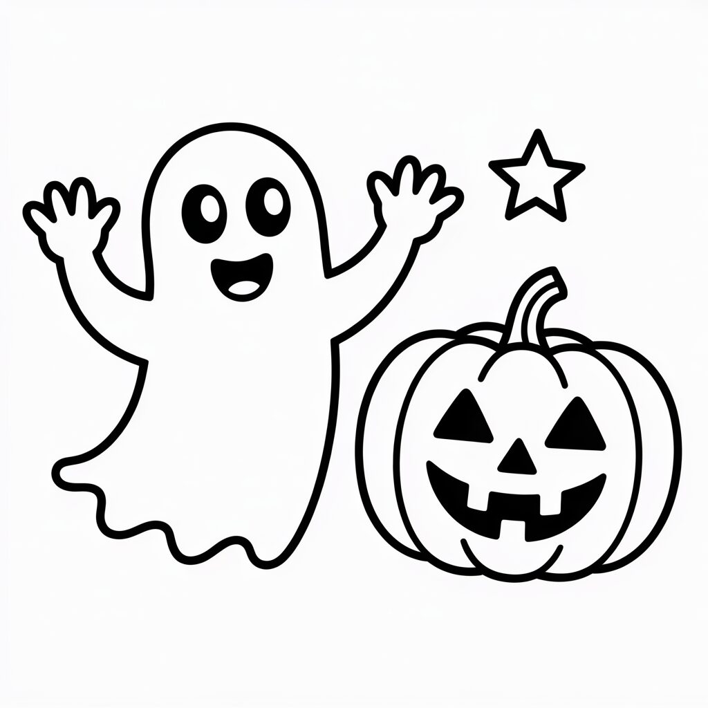 Spookje en pompoen kleurplaat printen