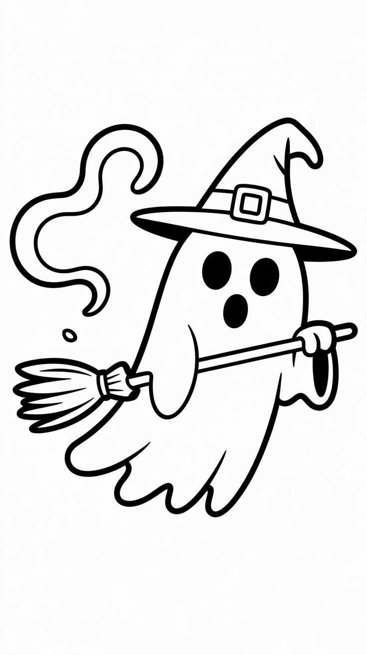 Spookje met een heksenhoed kleurplaat PDF