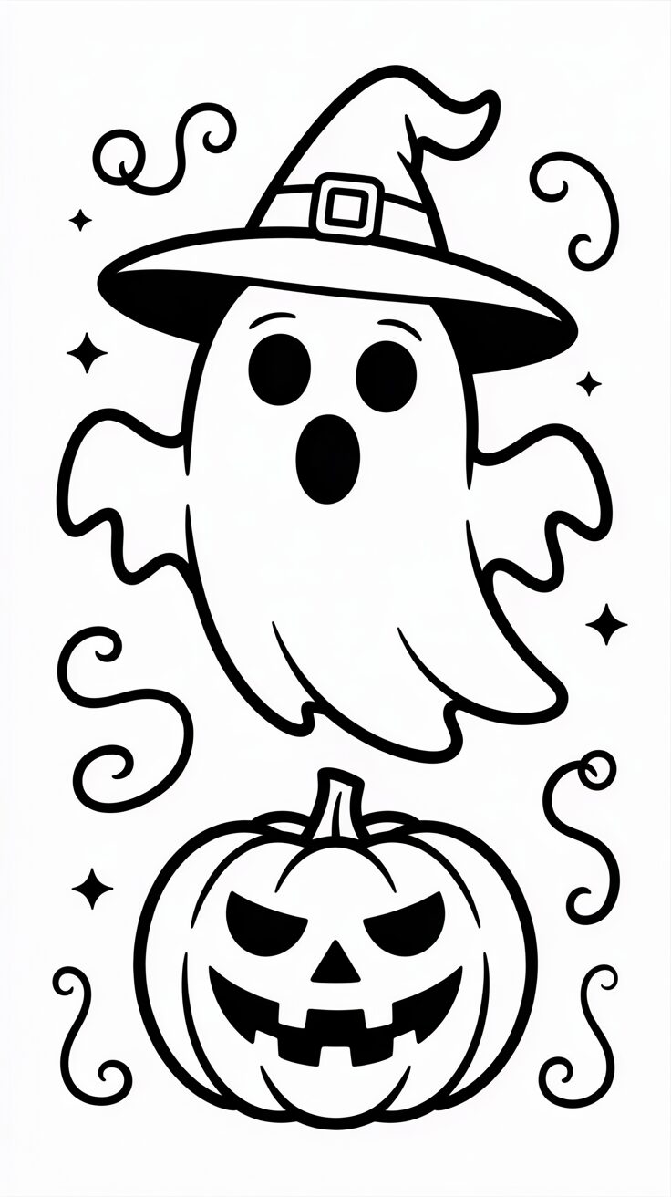 Spookje met een heksenhoed kleurplaat gratis