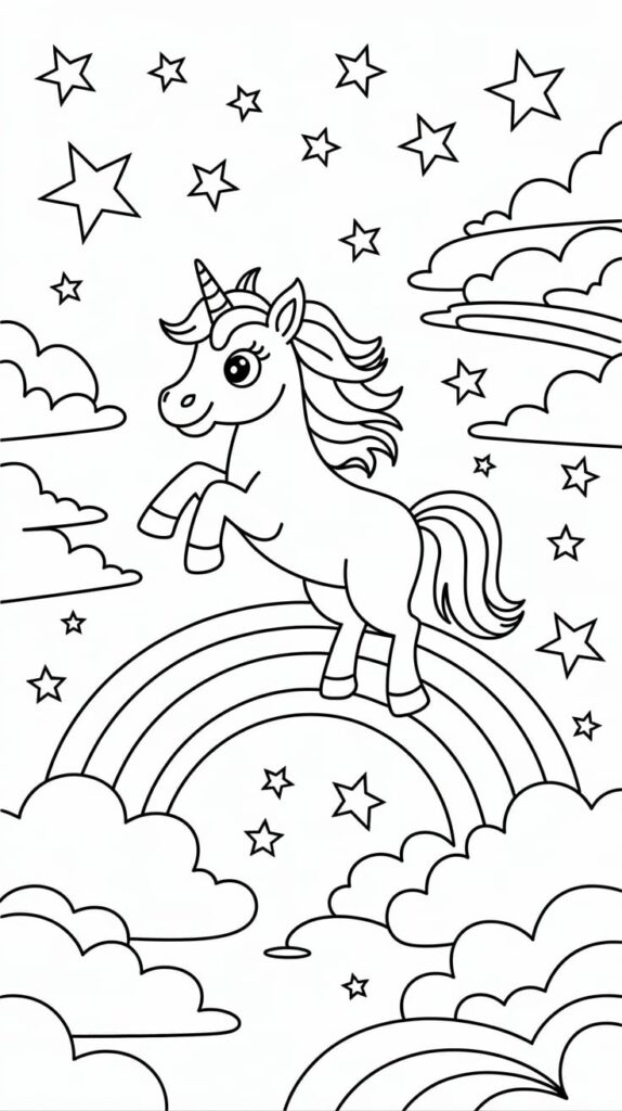 Renkli unicorn boyama sayfası