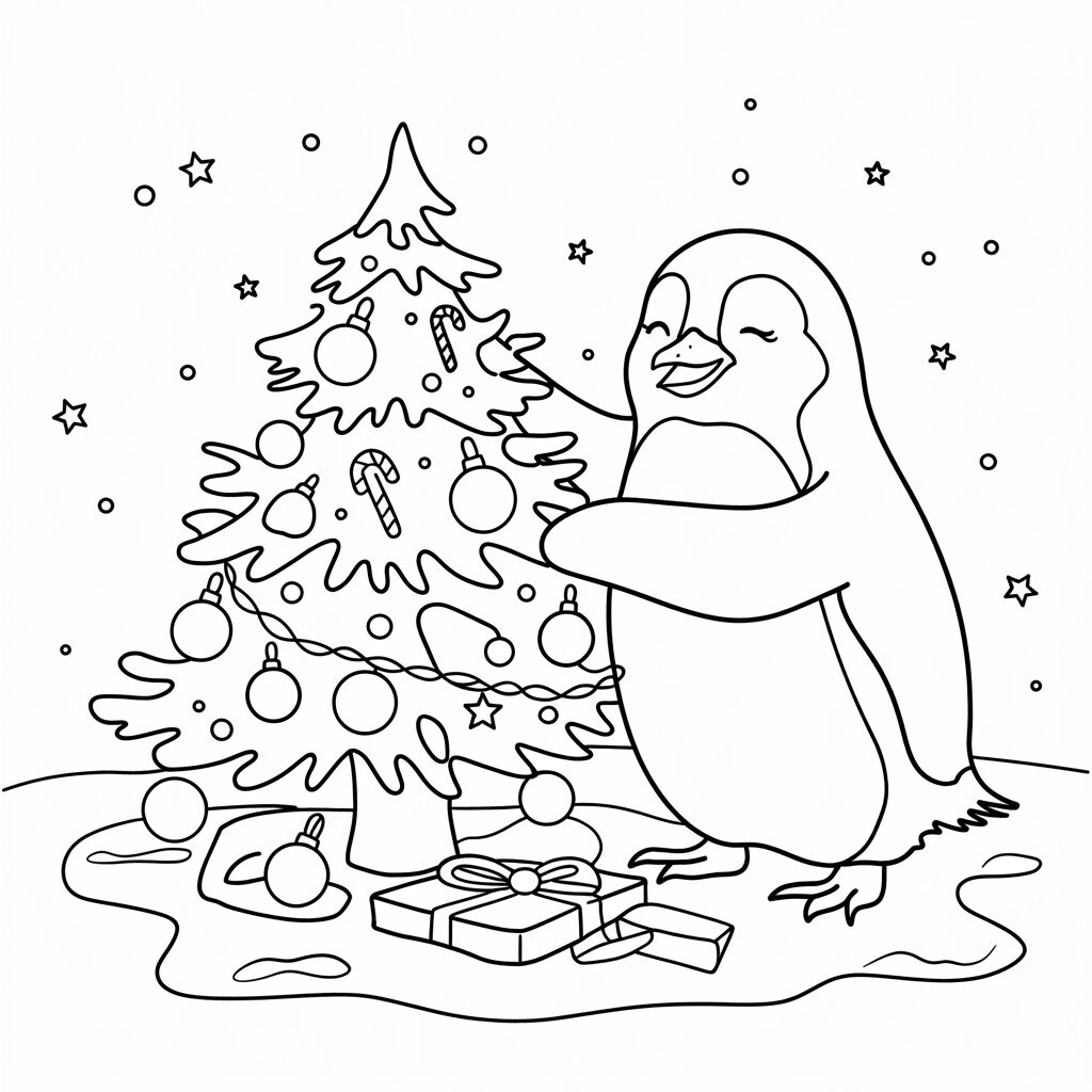 kleurplaat kerst pinguin