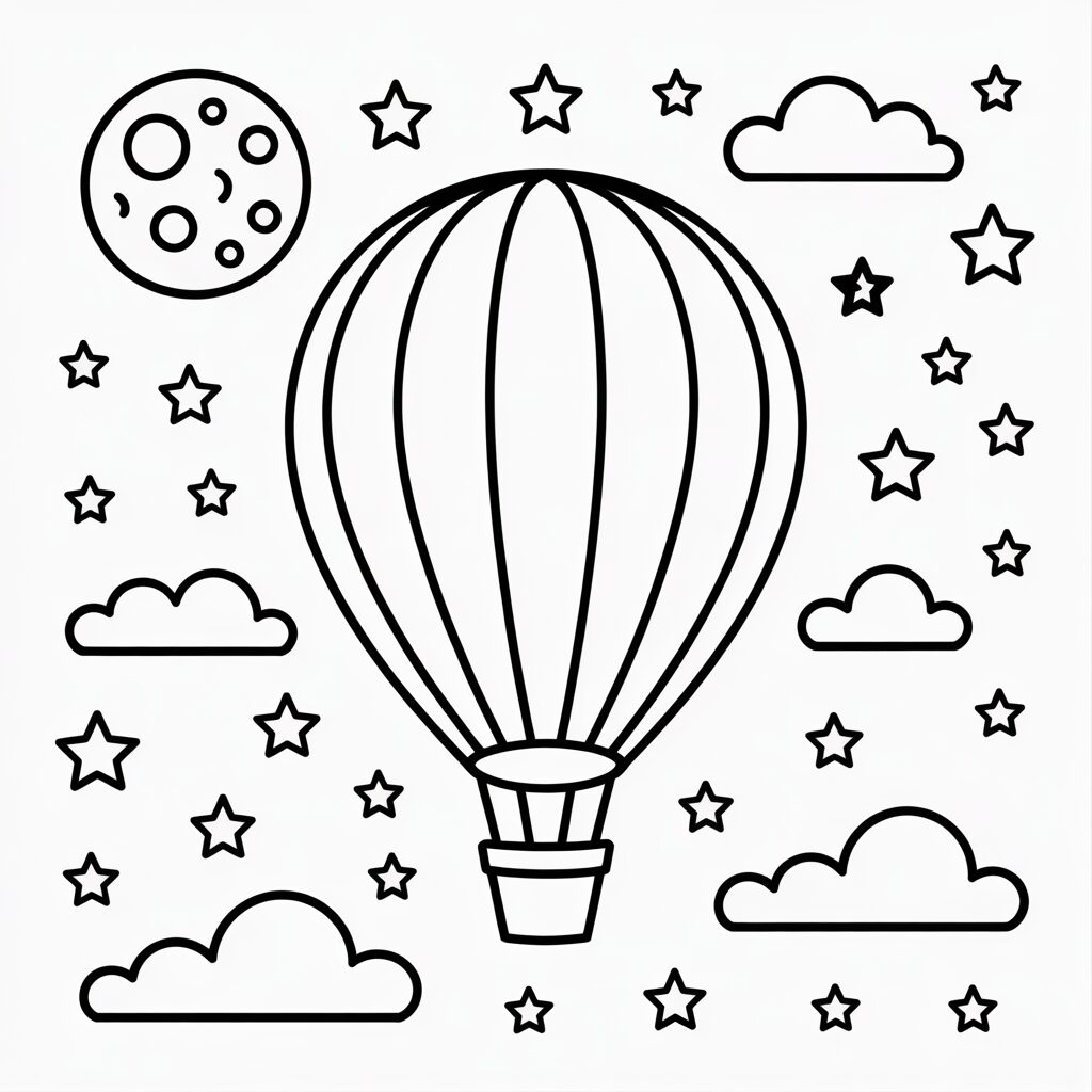 Ausmalbild Ballon bei Nacht gratis zum Herunterladen