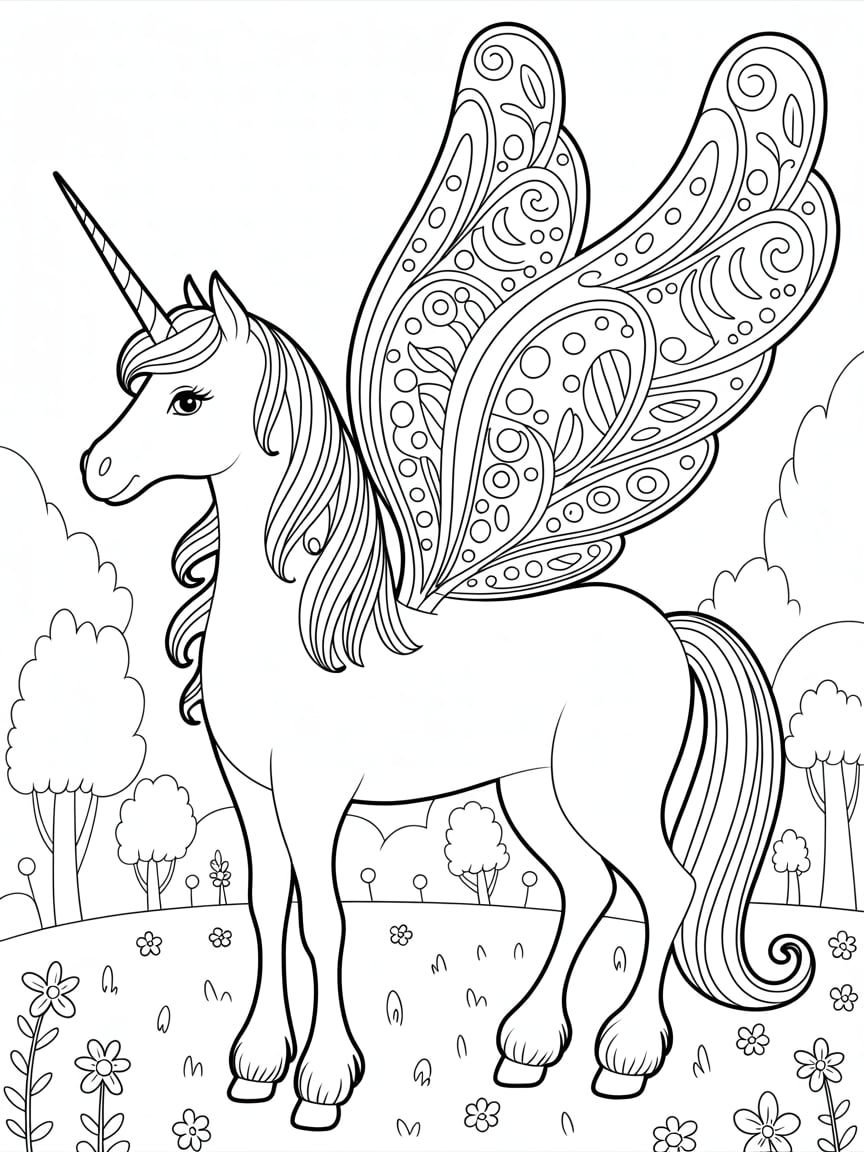 Butterfly Winged Unicorn Coloring Page For Kids.