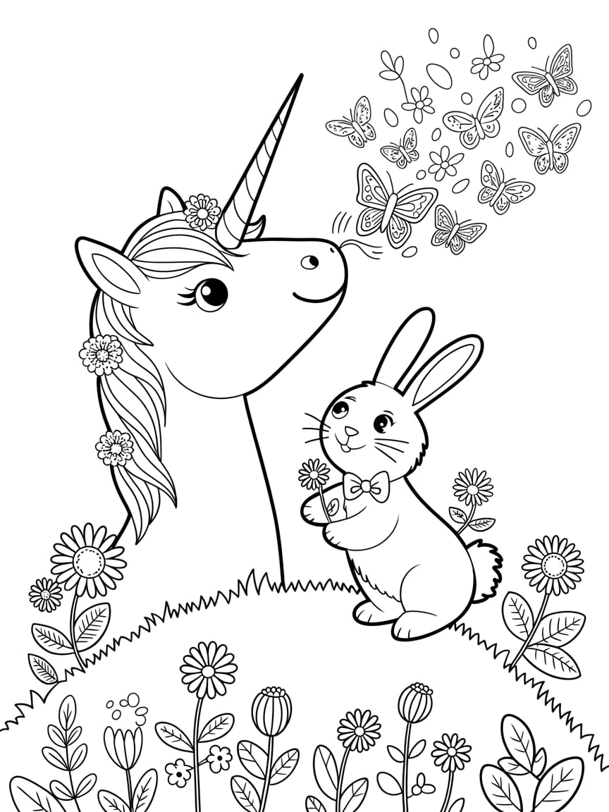 Cute Unicorn And Rabbit Coloring Page For Kids