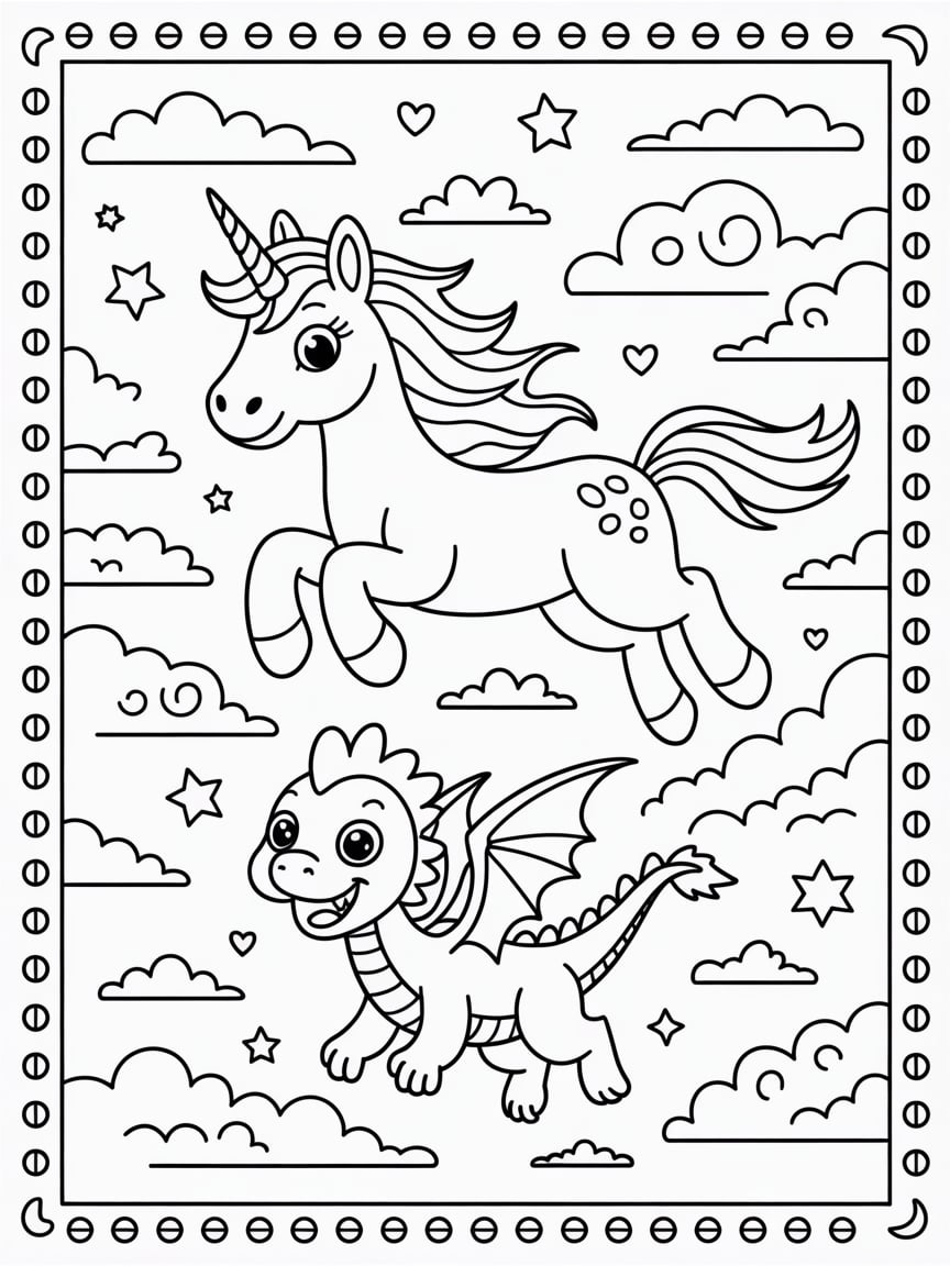 Cute Unicorn And dragon Coloring Page