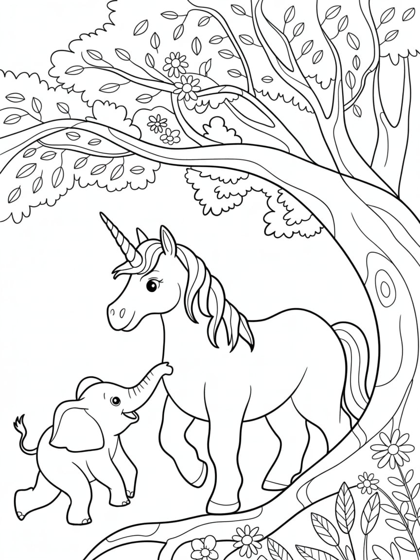 Cute Unicorn And elephant Coloring Page