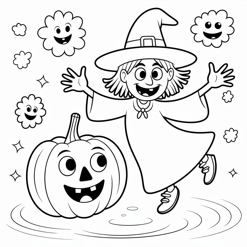 Dansende heks met vrolijke pompoen kleurplaat