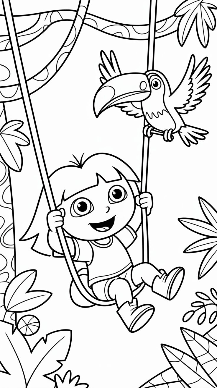 Dora op schommel kleurplaat