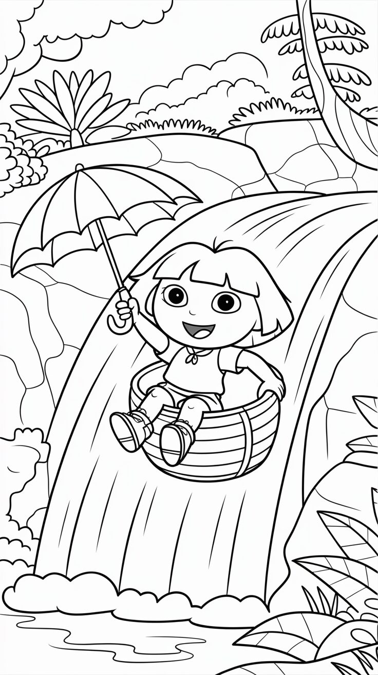 Dora op waterval kleurplaat