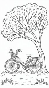 Versione in bianco e nero stampabile della bicicletta nel parco