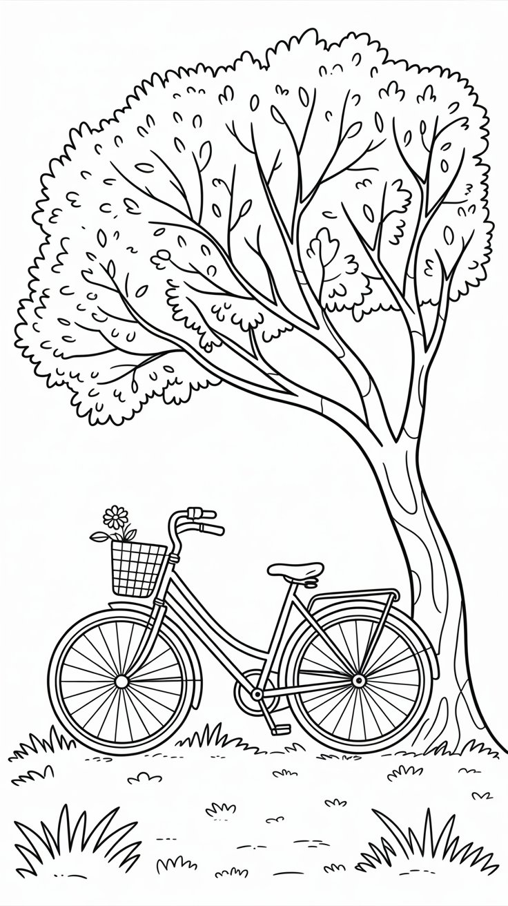 Fiets in het park zwart-wit print
