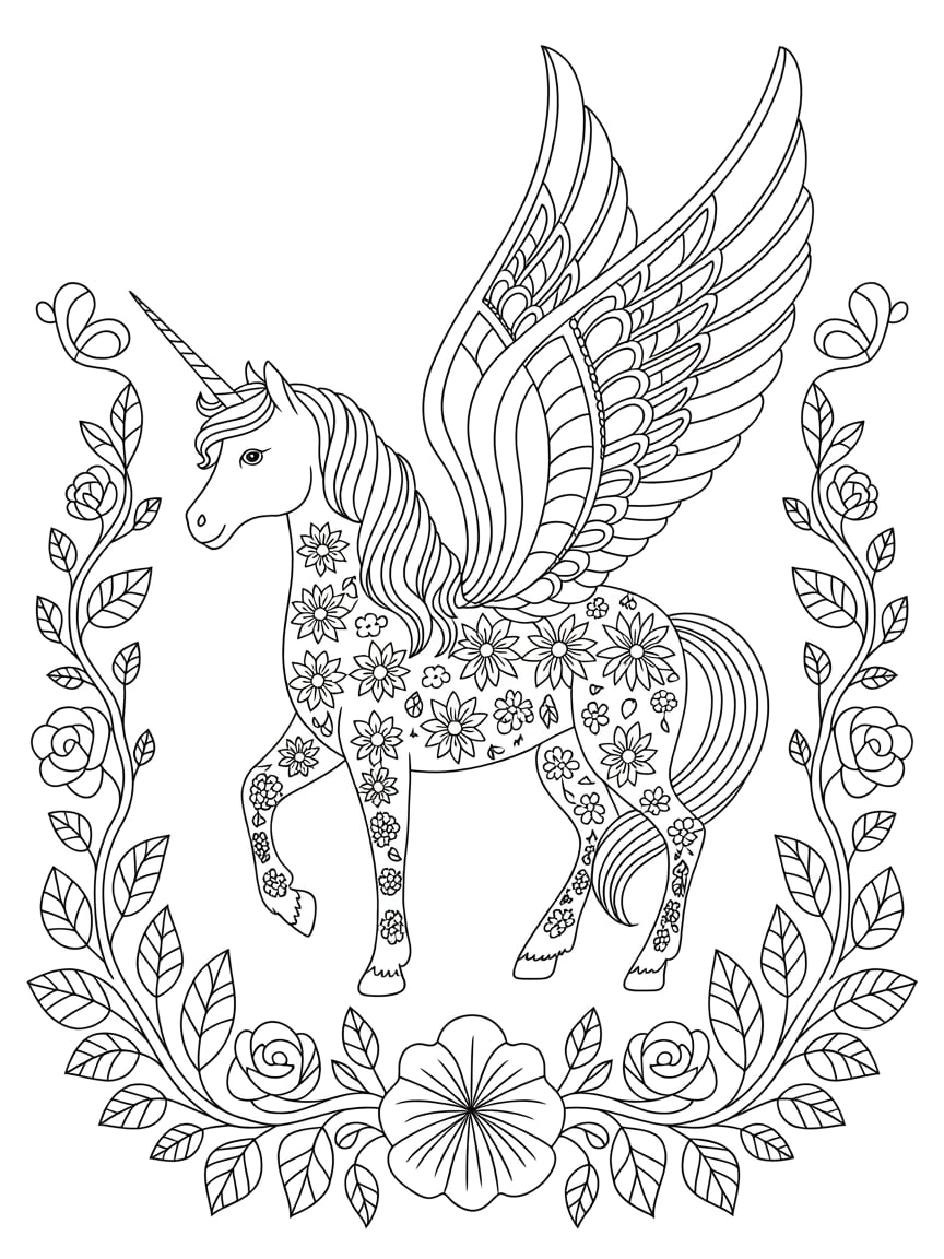 Flower Patterned Unicorn Coloring Page For Adults