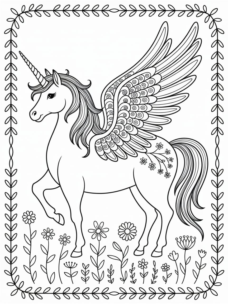 Flower Themed Unicorn With Wings Coloring Page