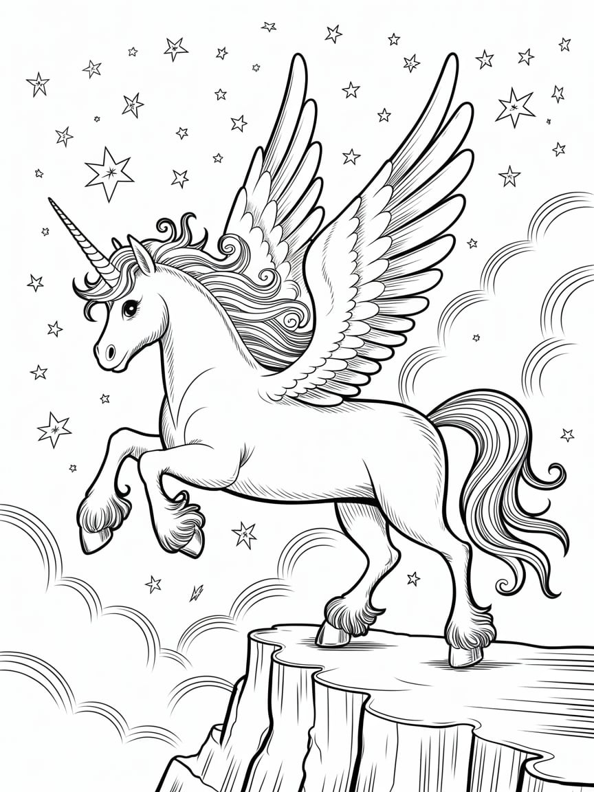 Flying Unicorn In Clouds With Stars Coloring Page