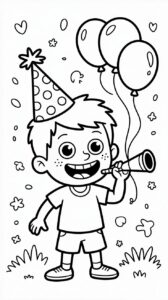 Kostenloses Ausmalbild Neujahrsfeier mit Partyhütchen