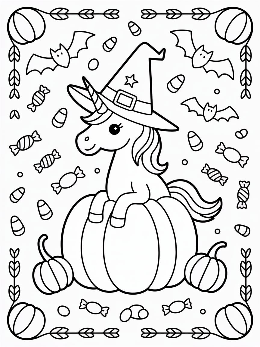 Halloween Unicorn With Candy And Bats Coloring Page
