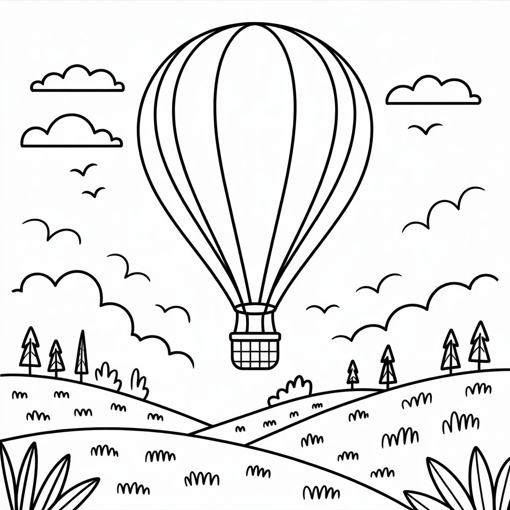 Malvorlage Heißluftballon mit Bergen – jetzt kostenlos drucken
