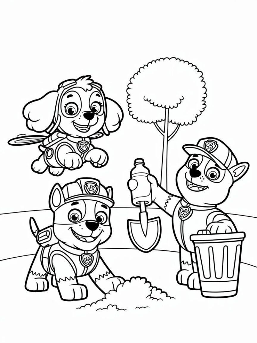 Paw Patrol Team Garden Cleanup Coloring Page