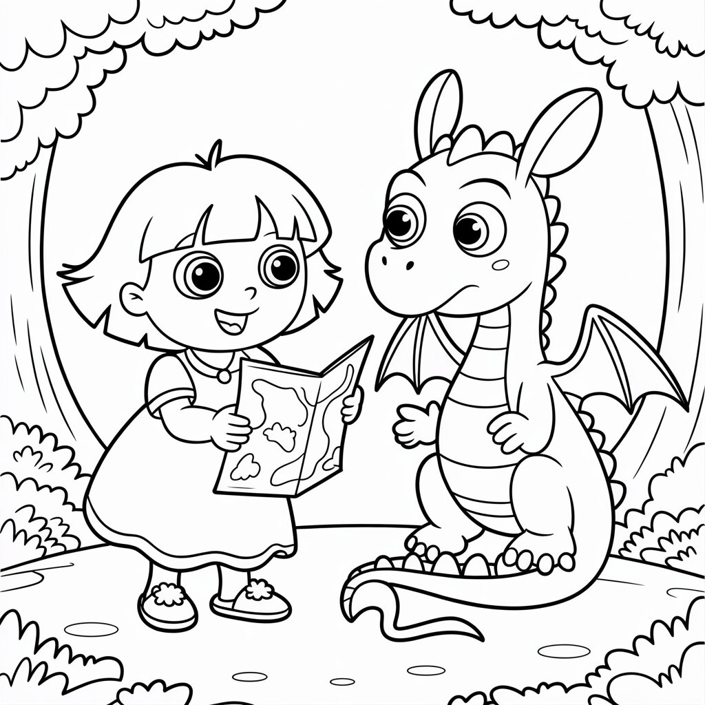 Prinses Dora leest een kaart aan een draak