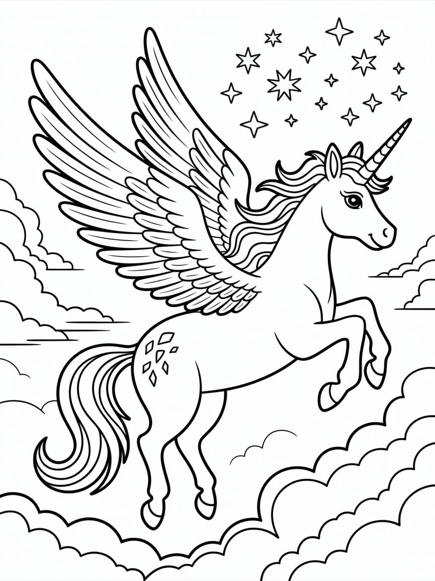 Rainbow Flying Unicorn Coloring Page