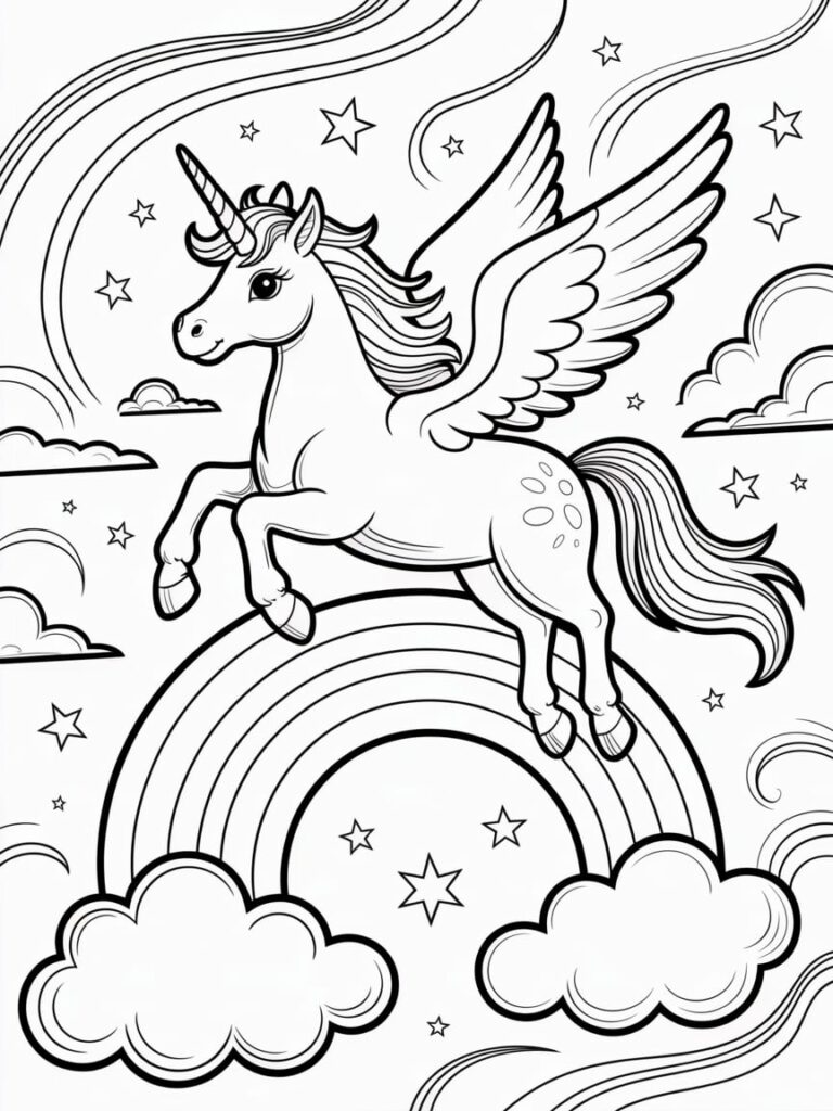 Rainbow Flying Unicorn Coloring Pages